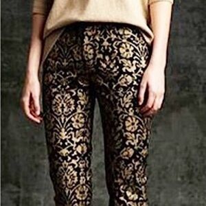 Lafayette 148 New York Gold Rococo Fleur De Lis Print Black Jeans Sz 14